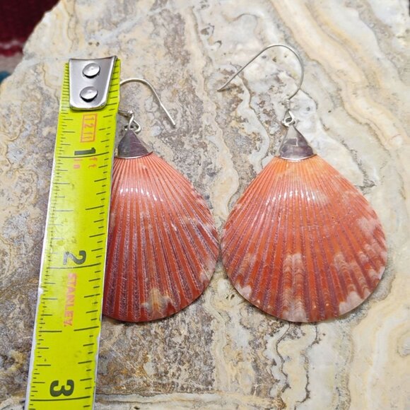 Sterling Silver & Authentic Real Orange Scallop Shell Seashell Dangle Earrings - Picture 3 of 5